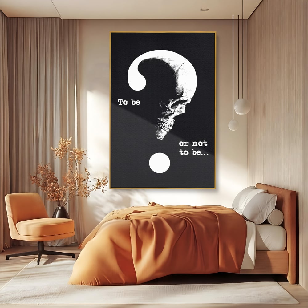 Tablou canvas cu tablou canvas cu craniu si semnul intrebarii, in rama de aluminiu auriu, pe perete intr-un dormitor
